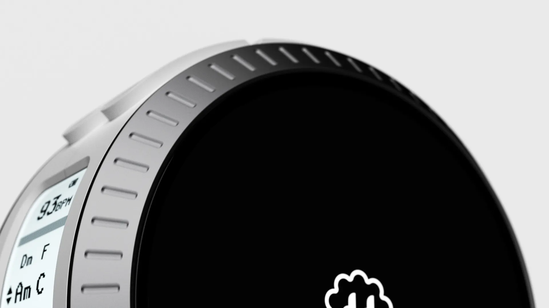 Render of the round touch display of Senzu with the small side display next to it